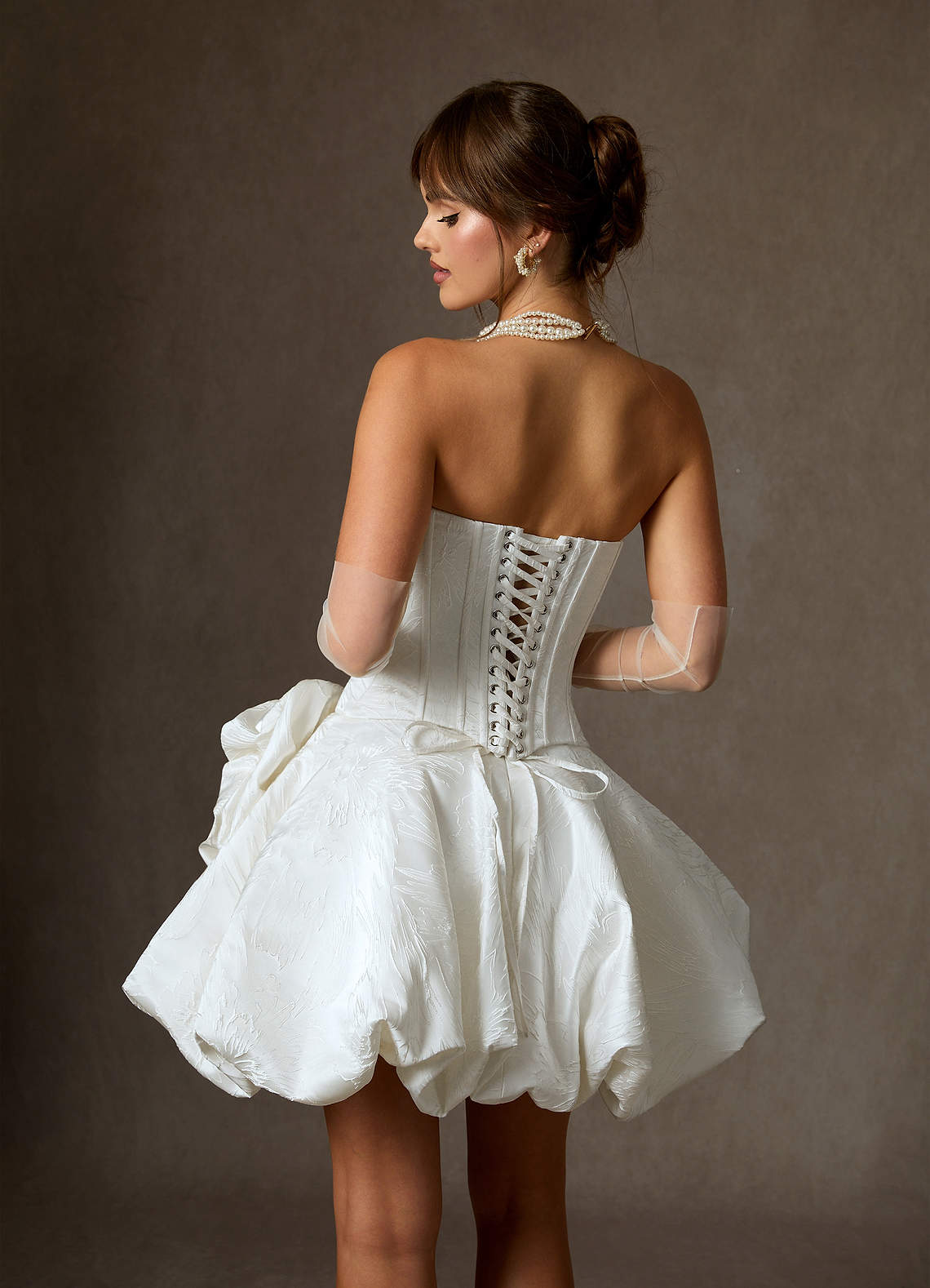Azazie Kloe Abiti da Sposa Abito Principessa in Jacquard Floreale Senza Cinturino Bianco Diamante image7