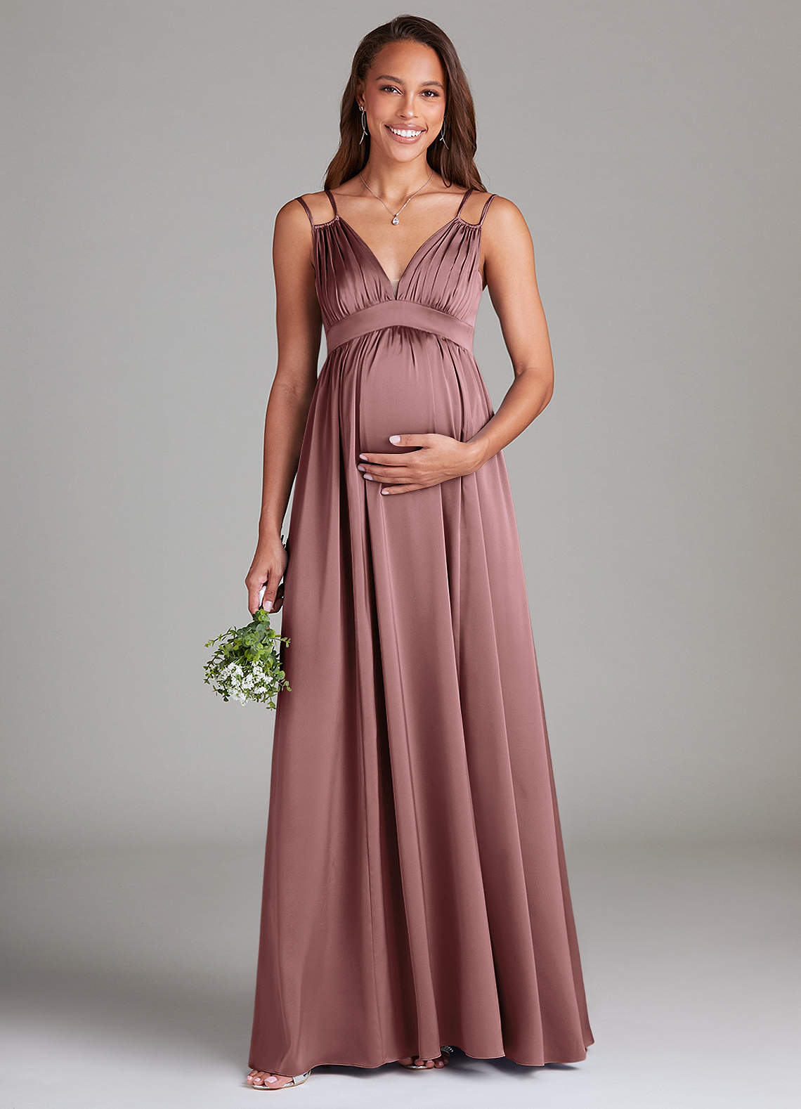 Azazie Emree Maternity Bridesmaid Dresses A-Line Stretch Satin Floor-Length Dress with Pockets image1