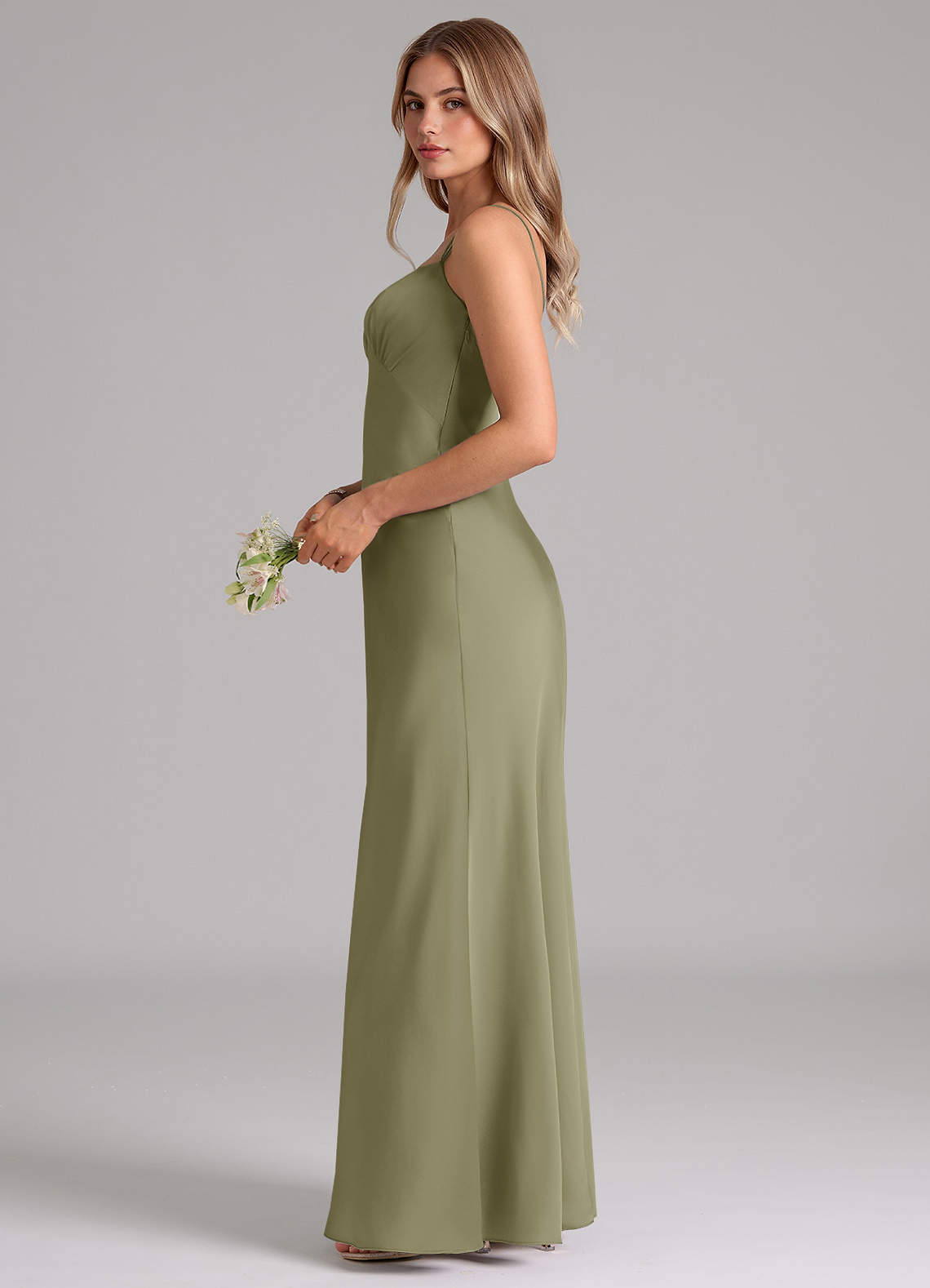 Azazie Suttona Vestidos de damas de honor Vestido de Pistacho de Satén Elástico de Corte en A con Plisado image4