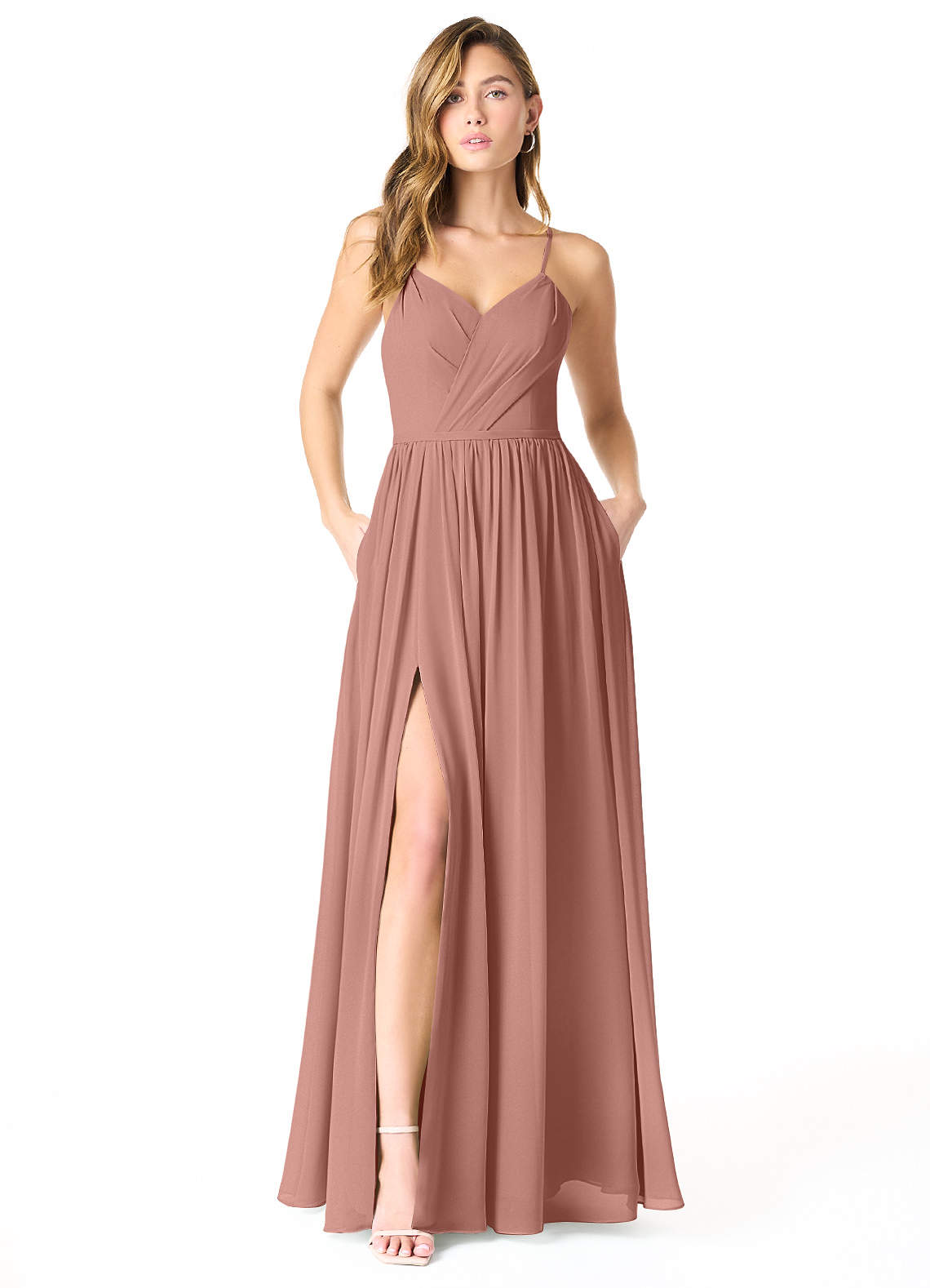 Azazie Cora Brautjungfernkleider A-Linie Plissee Chiffon Kleid Zedernrose image1