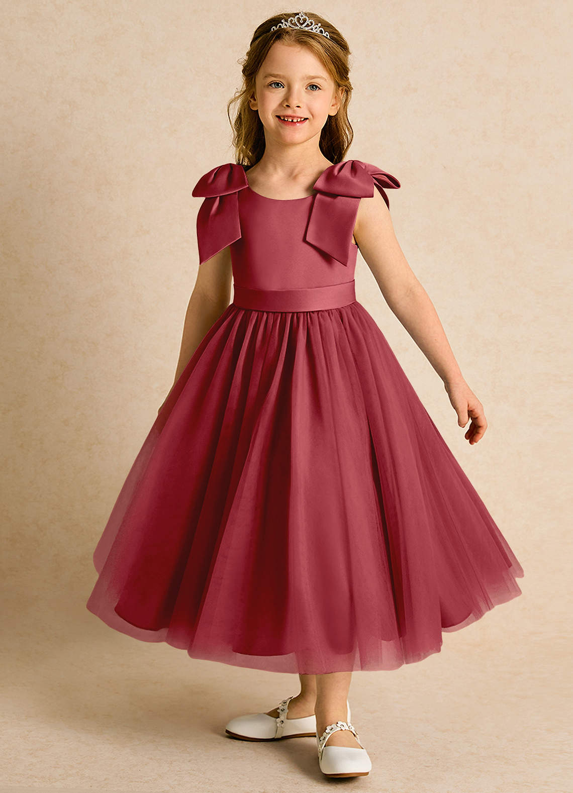 Azazie Serene Abiti da Ragazza di Fiori Abito Principessa in Raso Opaco Fiocco Melograno image1