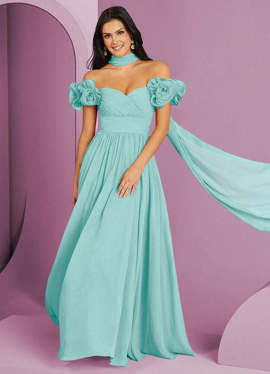 Barbie ♥ Azazie Jurken voor bruidsmeisjes Converteerbaar Jurk van Chiffon met A-Lijn Off the Shoulder Aqua image1