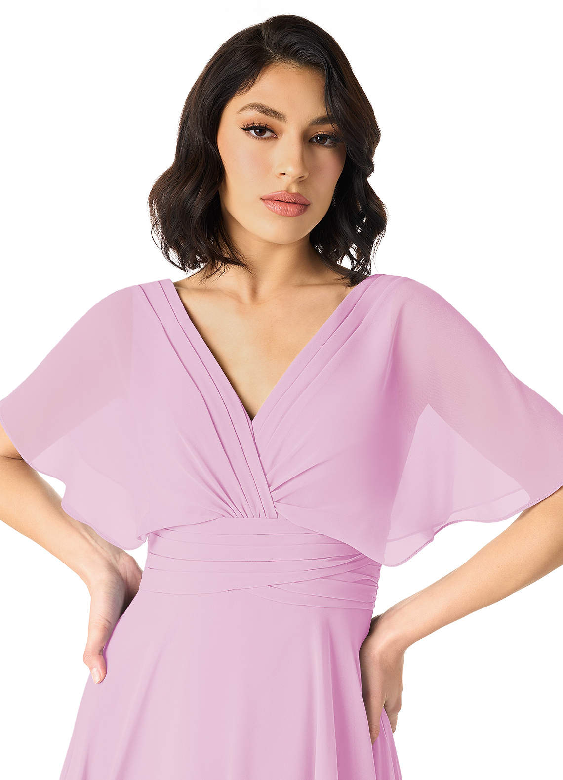 Azazie Pamela Essayer des robes à la maison Robe Trapèze en Mousseline de soie Col V plissé Bleu Poussiéreux image3