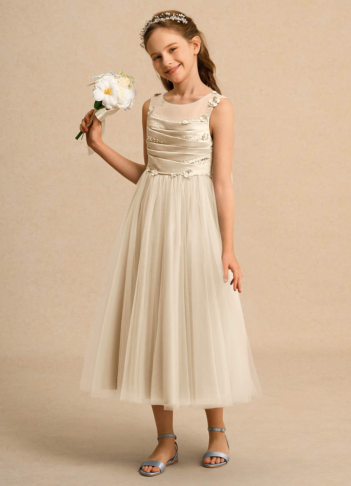 Azazie Snowball Girl vestidos de niña de las flores Vestido de Champán de Tul de Princesa con Plisado image1