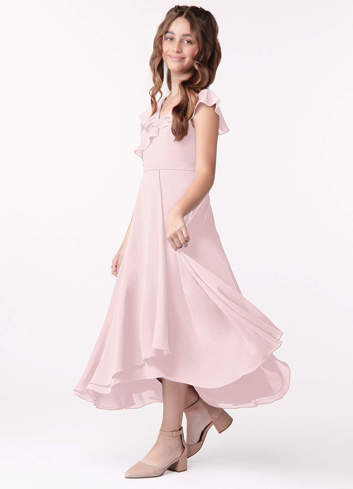 Azazie Posie Junior Blushing Pink A-Line Ruched Chiffon Dress image1