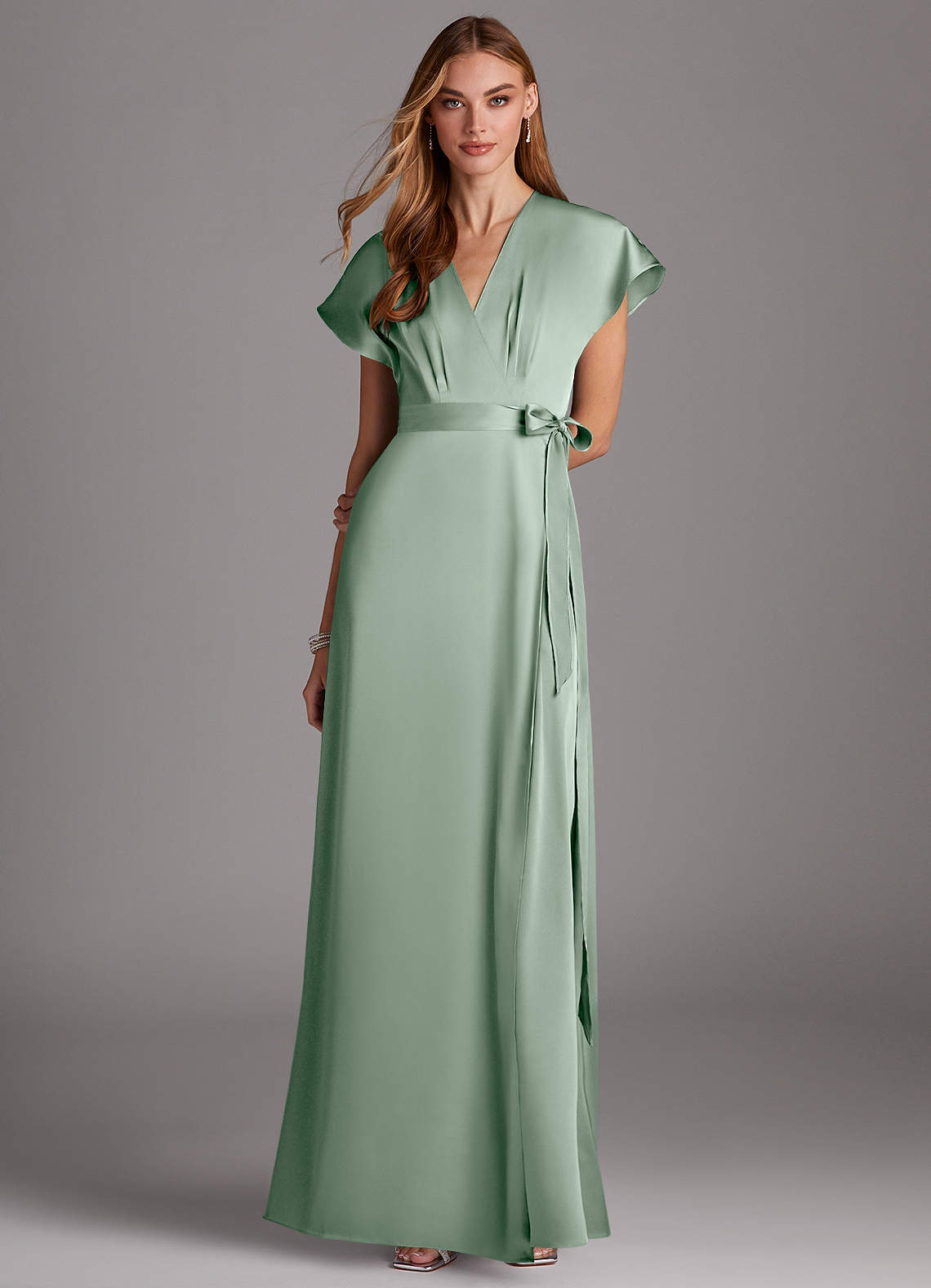 Azazie Nico Bridesmaid Dresses Agave A-Line V-Neck Stretch Satin Dress image1