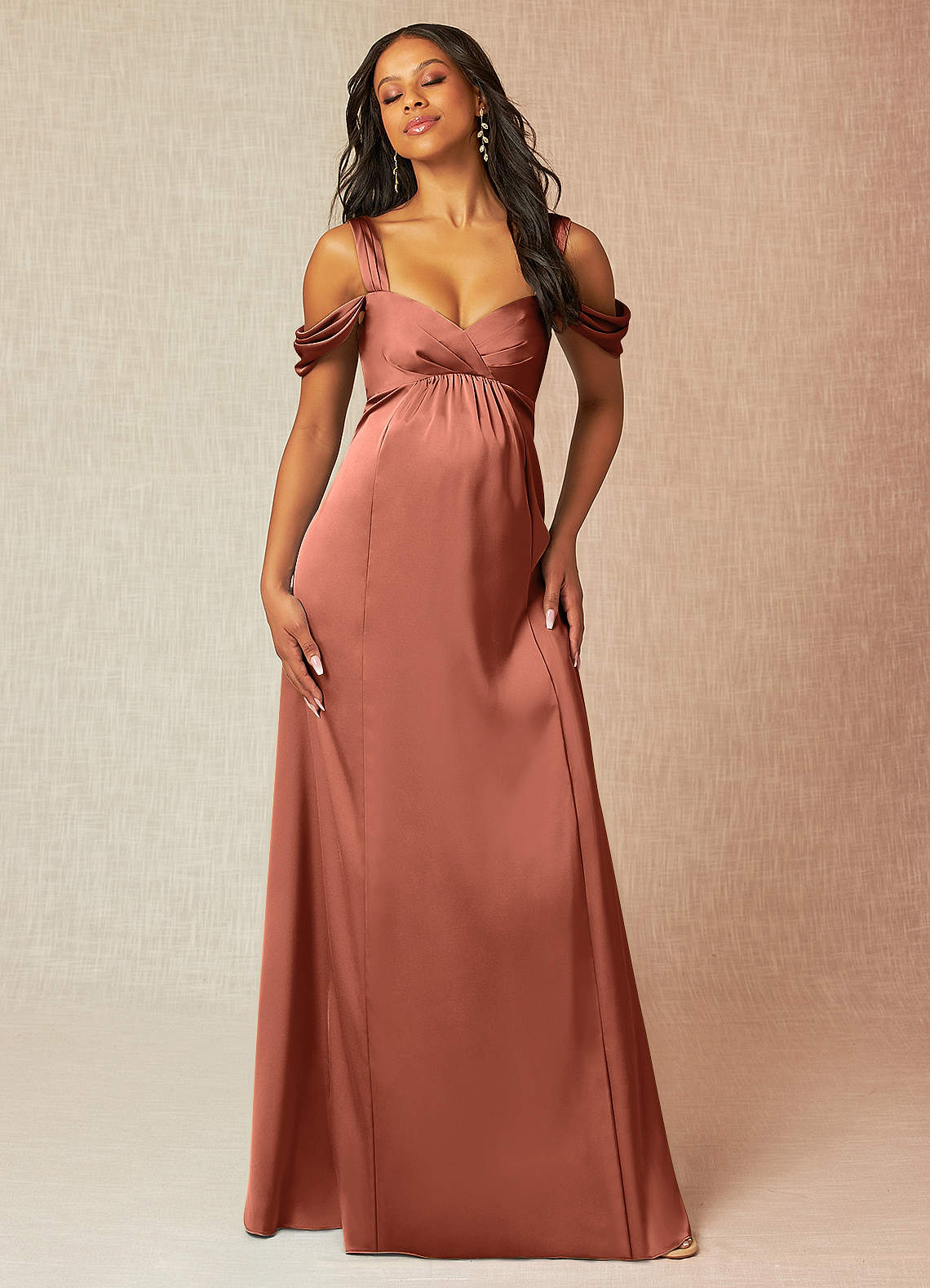 Azazie Rhea Maternity Bridesmaid Dresses A-Line Off-The-Shouler Pleated Stretch Satin Floor-Length Dress image3