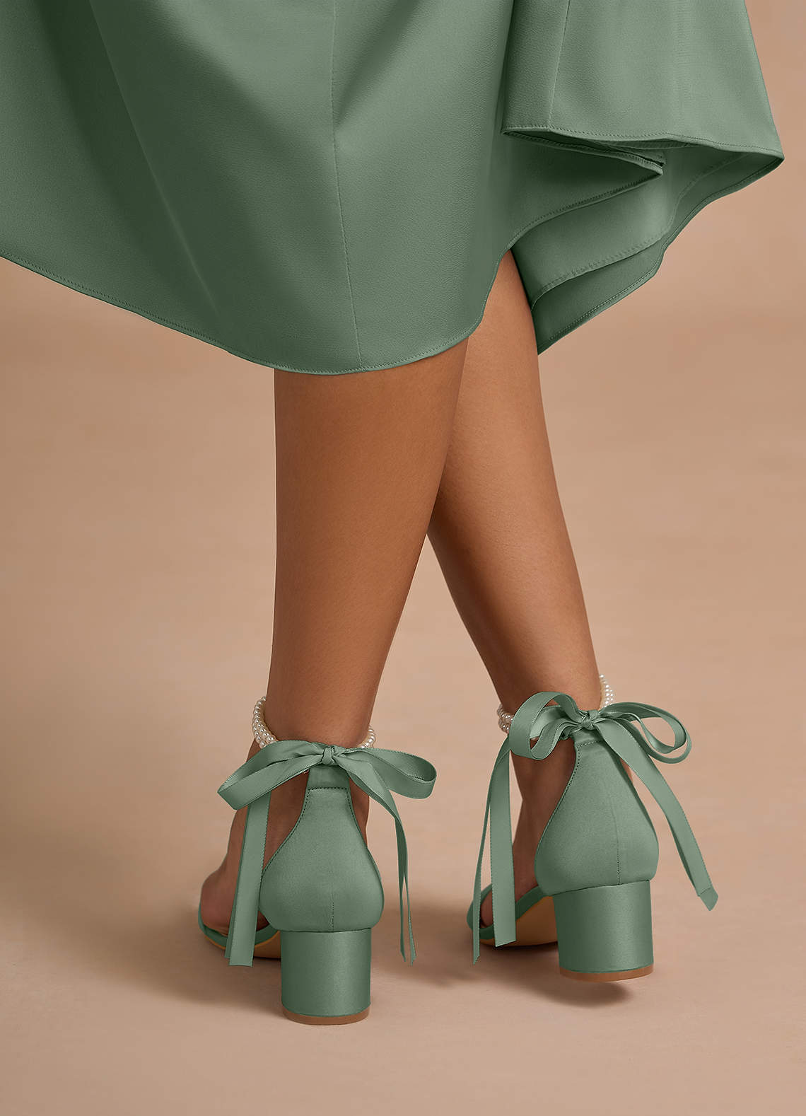 front Matching Color Matte Satin Pearl and Bow Open Toe Chunky Heel Sandals