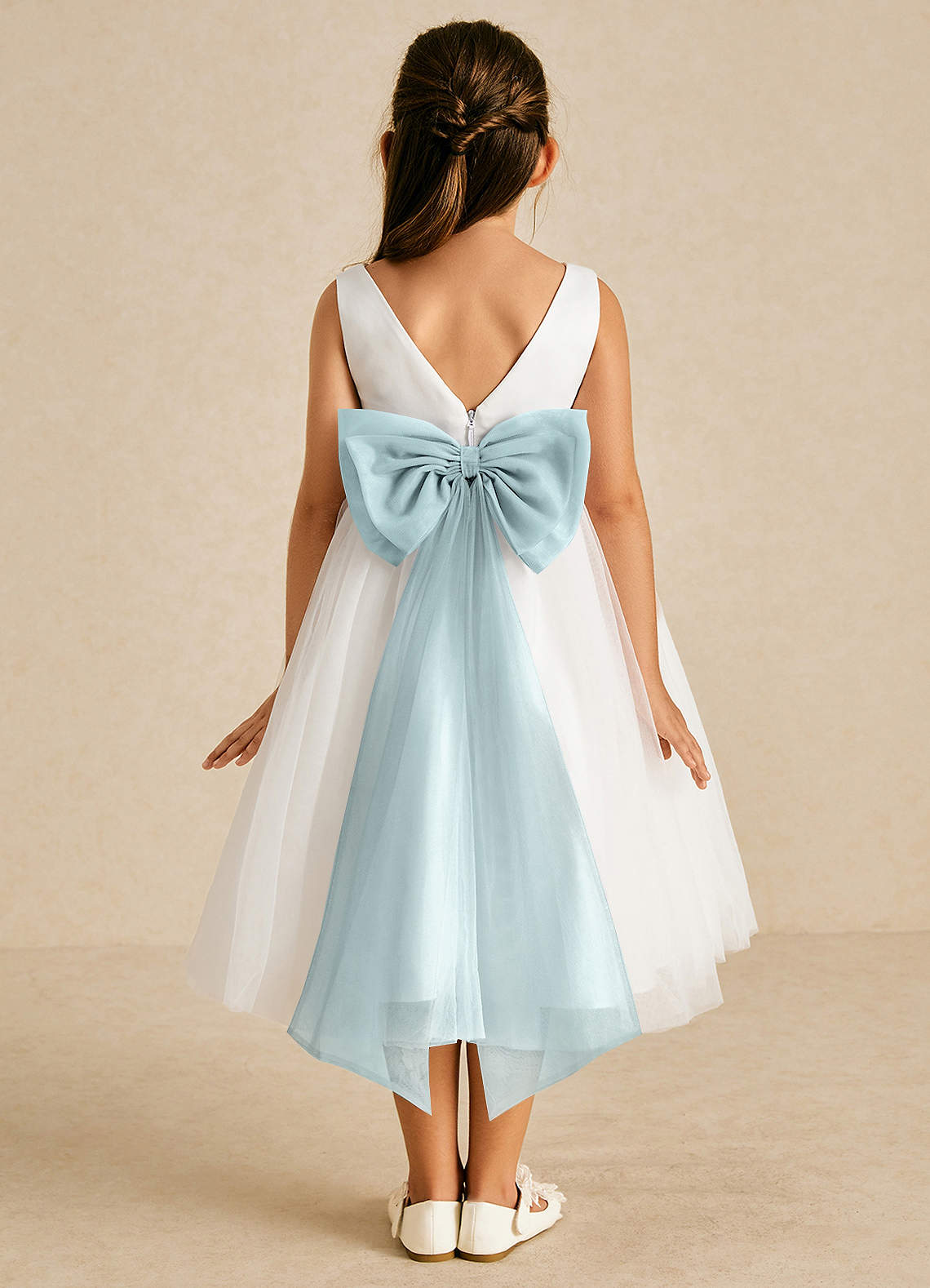 Azazie Kavi Flower Girl Dresses Ivory Mist A-Line Bow Matte Satin Dress image1