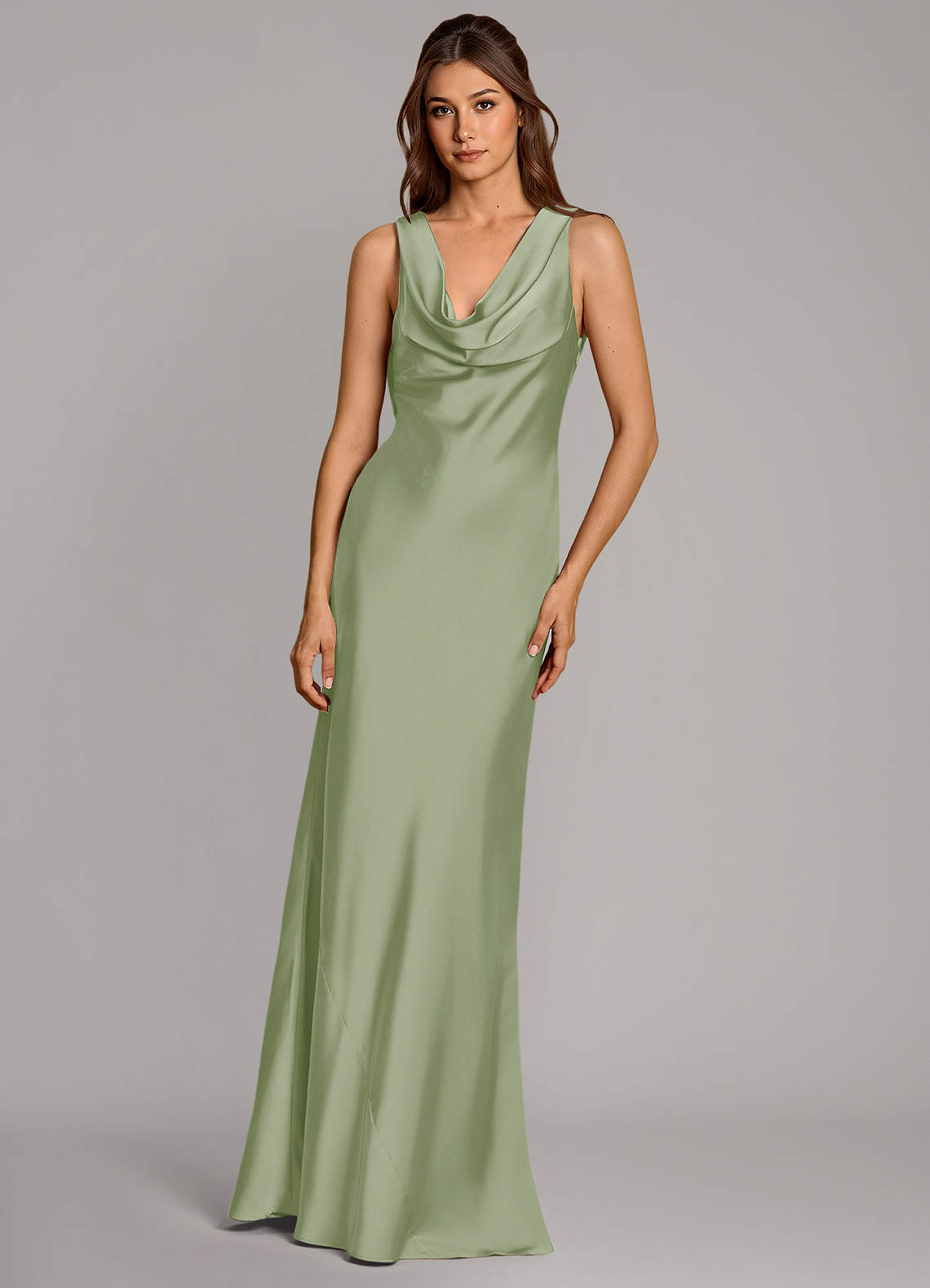 Azazie Cheryl Vestidos de damas de honor Vestido de Salvia Polvorienta de Satén Elástico de Corte Sirena image3