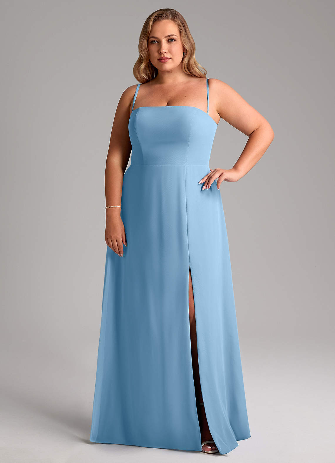 Azazie Wren Abiti da Damigella Abito Convertibile A-Line in Chiffon Spacco Laterale Blu Acciaio image12