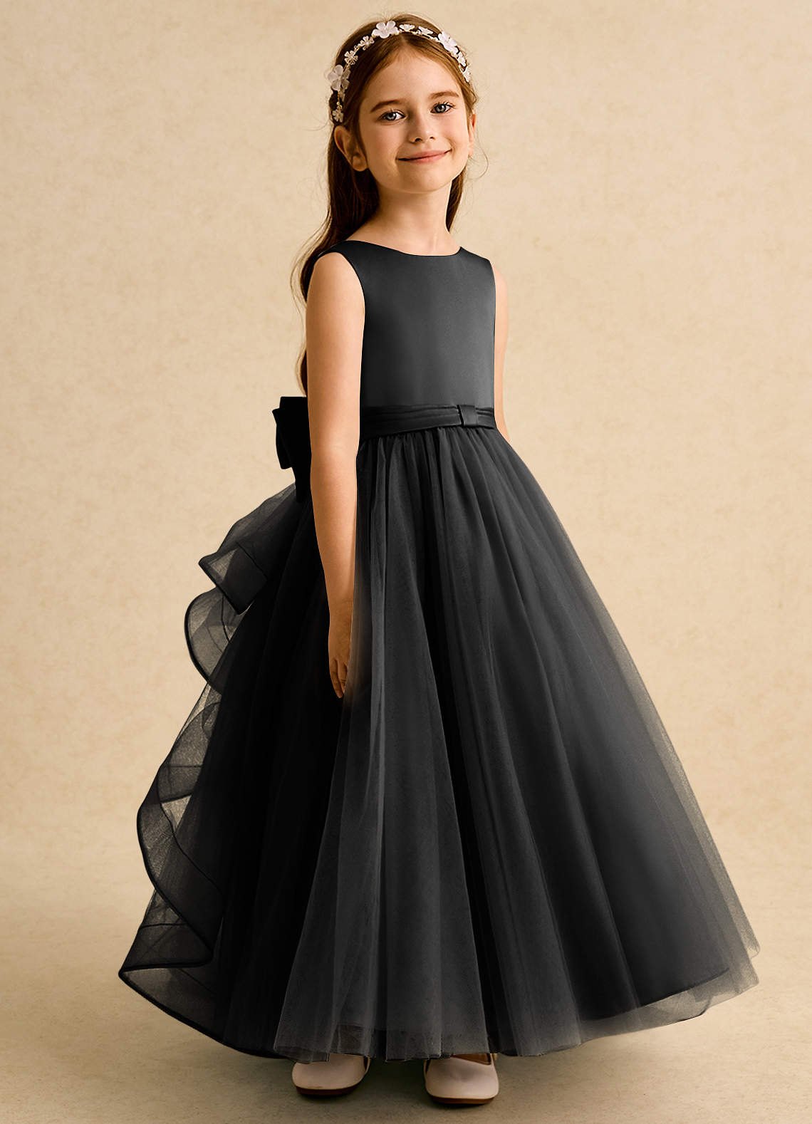 Azazie Lior Robe Demoiselle D'honneur Fillette Robe Princesse en Tulle Plissée Noir image2