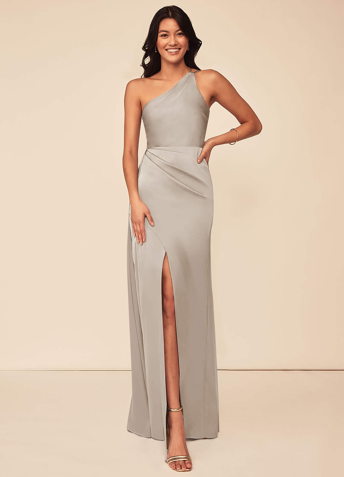 Azazie Maron Bridesmaid Dresses Frost A-Line One Shoulder Stretch Satin Dress image1