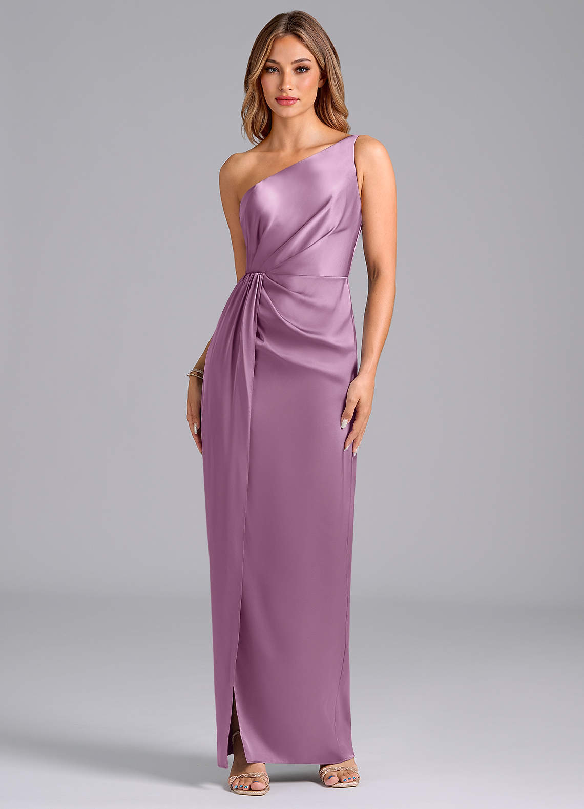 Azazie Naria Jurken voor bruidsmeisjes Jurk van Stretch Satijn met Kolom One-Shoulder Blauweregen image1