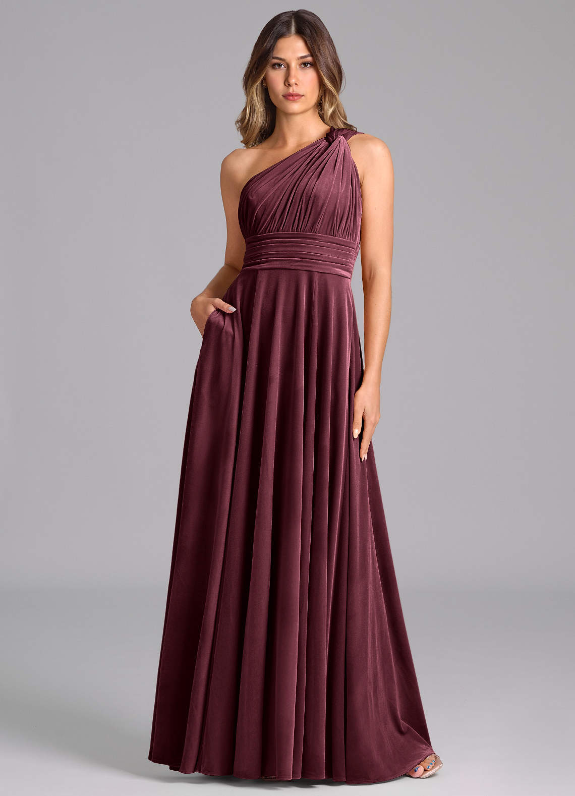 Azazie Charlize Bridesmaid Dresses Raspberry A-Line One Shoulder Velvet Dress image1