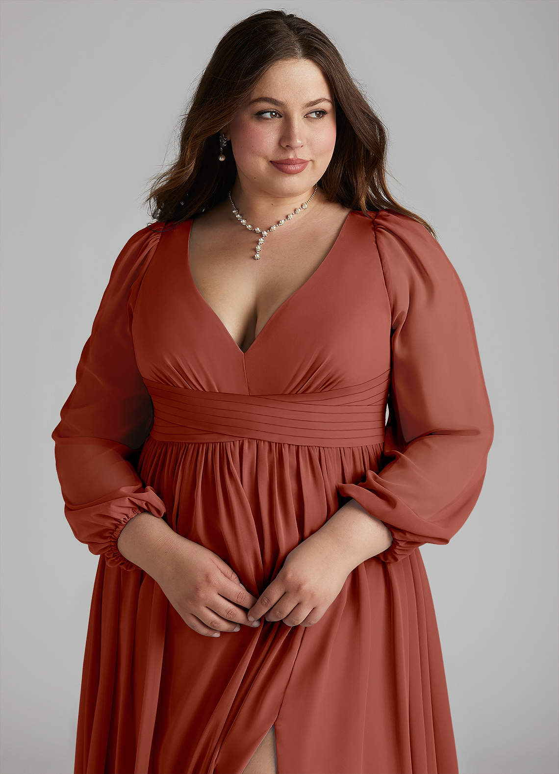 Azazie Norah Bridesmaid Dresses Auburn A-Line V-Neck Long Sleeve Chiffon Dress image9