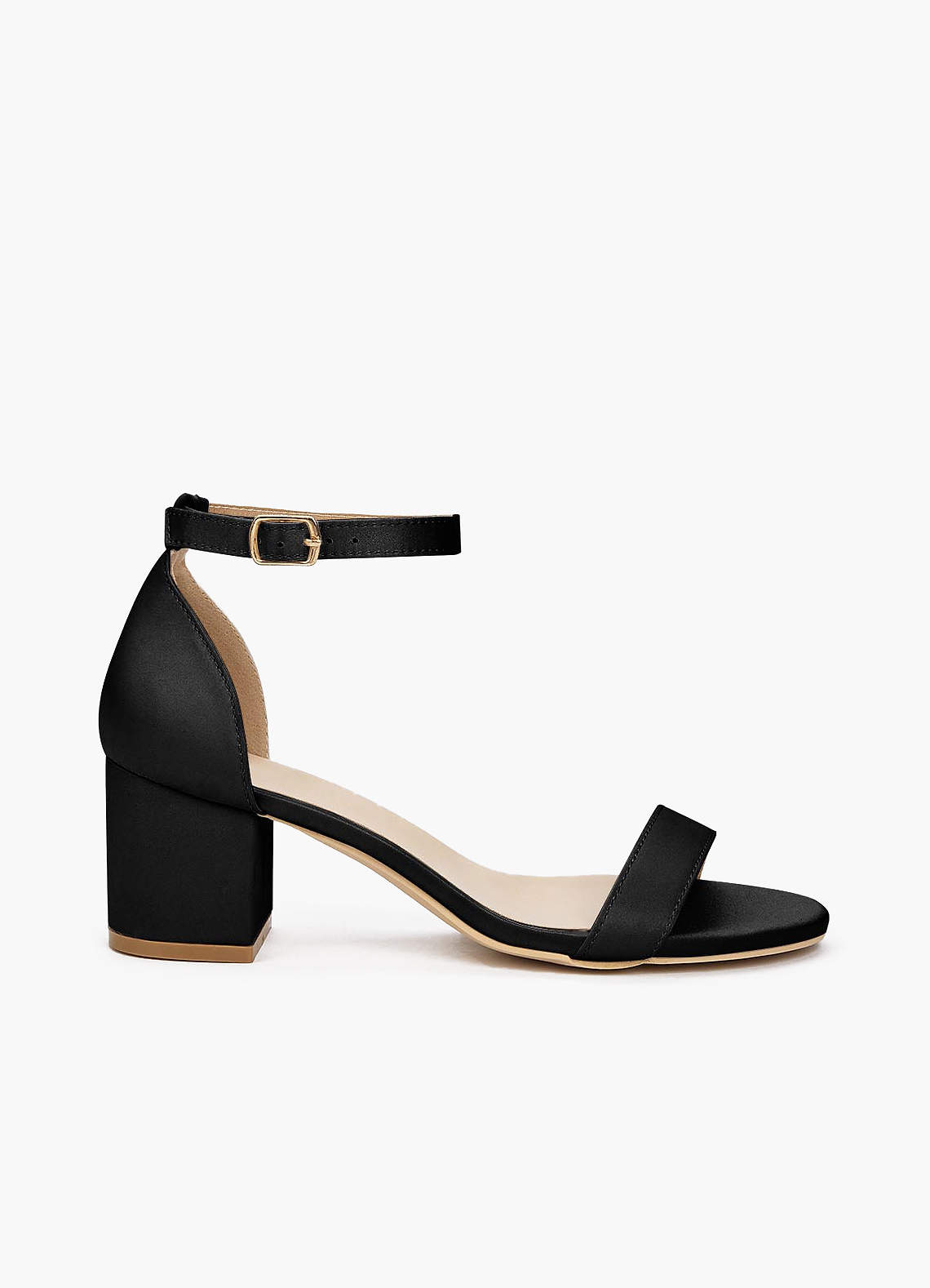 Black Matching Color Matte Satin One Strap Buckle Block Heel