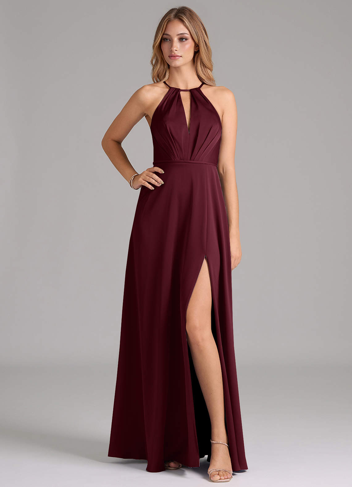 Azazie Evalleen Bridesmaid Dresses Cabernet A-Line Pleated Stretch Satin Dress image1