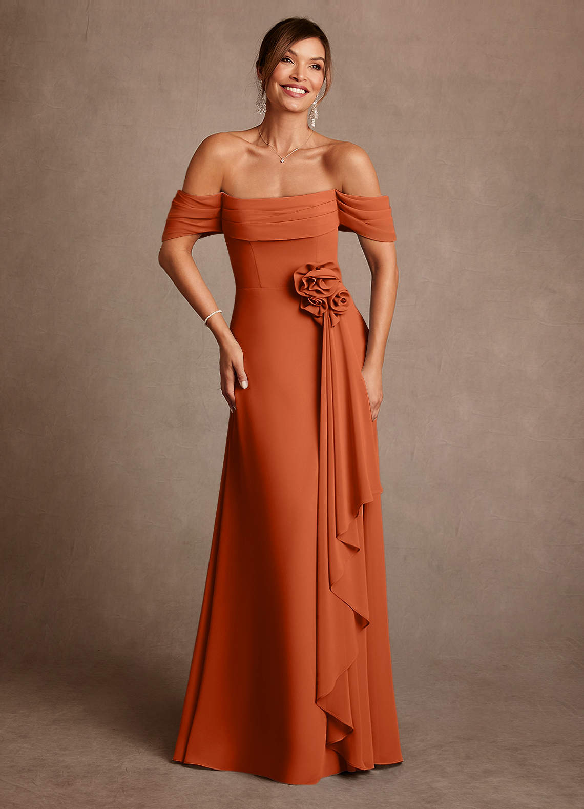 Azazie Amherst Burnt Orange A-Line Off the Shoulder Chiffon Dress | Azazie  UK