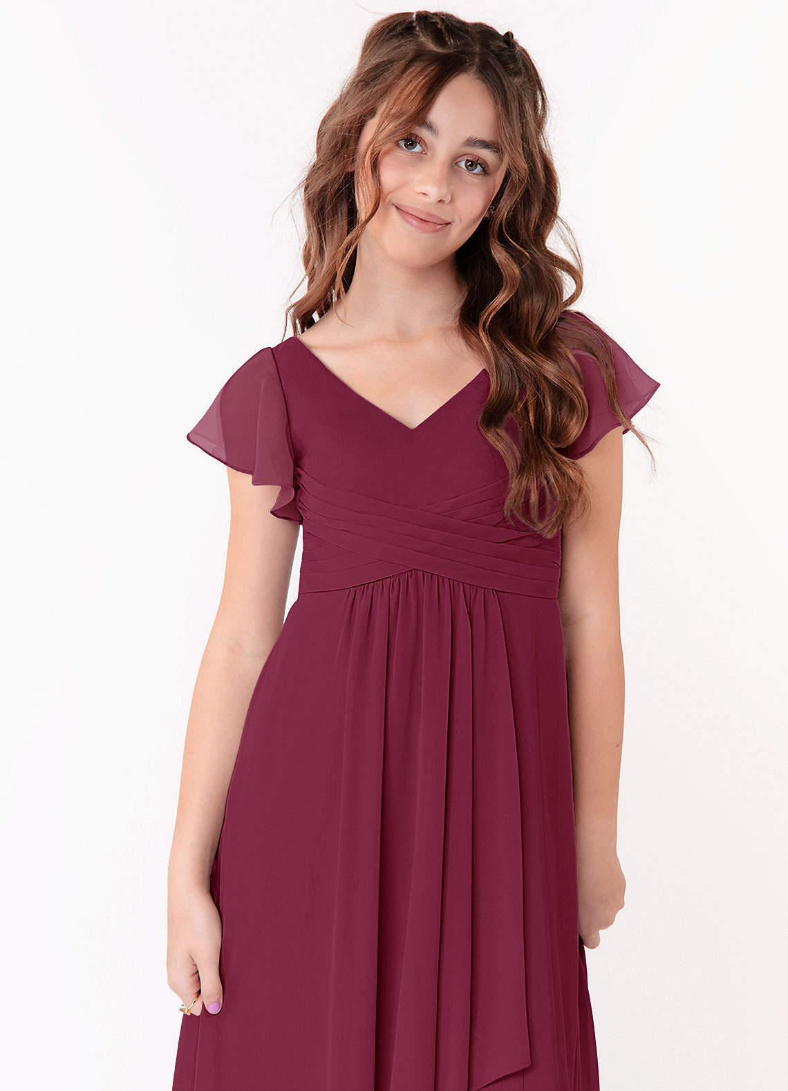 Azazie A-Line/Princess V-Neck Floor-Length Chiffon Junior Bridesmaid Dresses - Mulberry