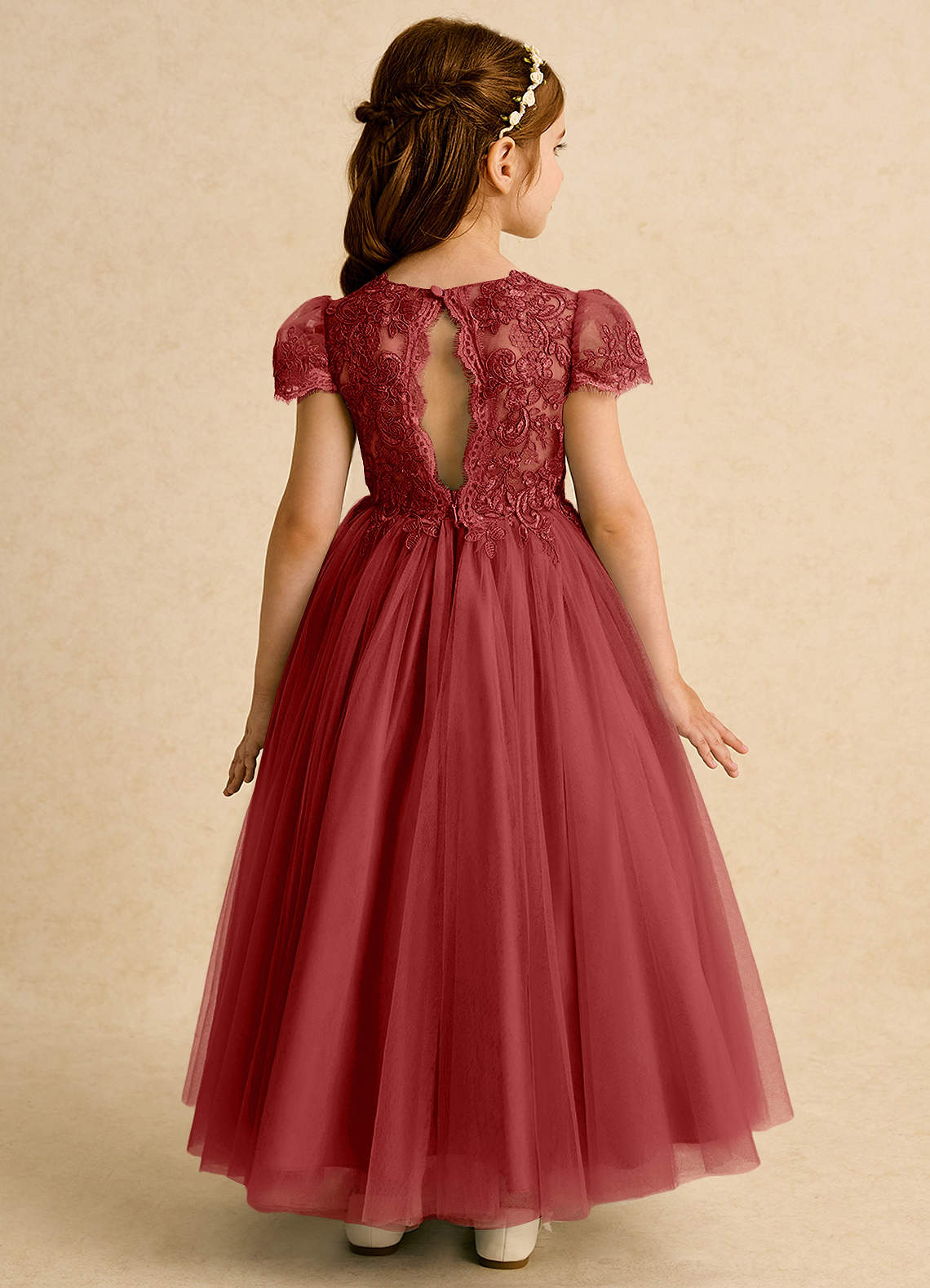 Azazie Puff Flower Girl Dresses Rust Ball-Gown Lace Tulle Dress image1