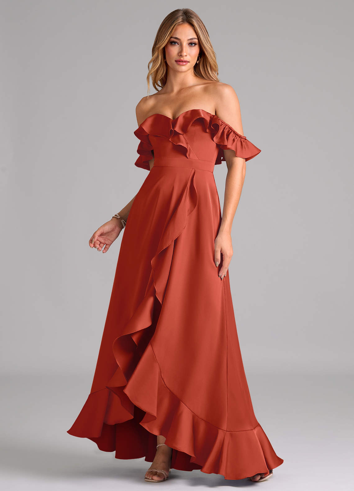 Azazie Lyra Bridesmaid Dresses Rust A-Line Off the Shoulder Stretch Satin Convertible Dress image1