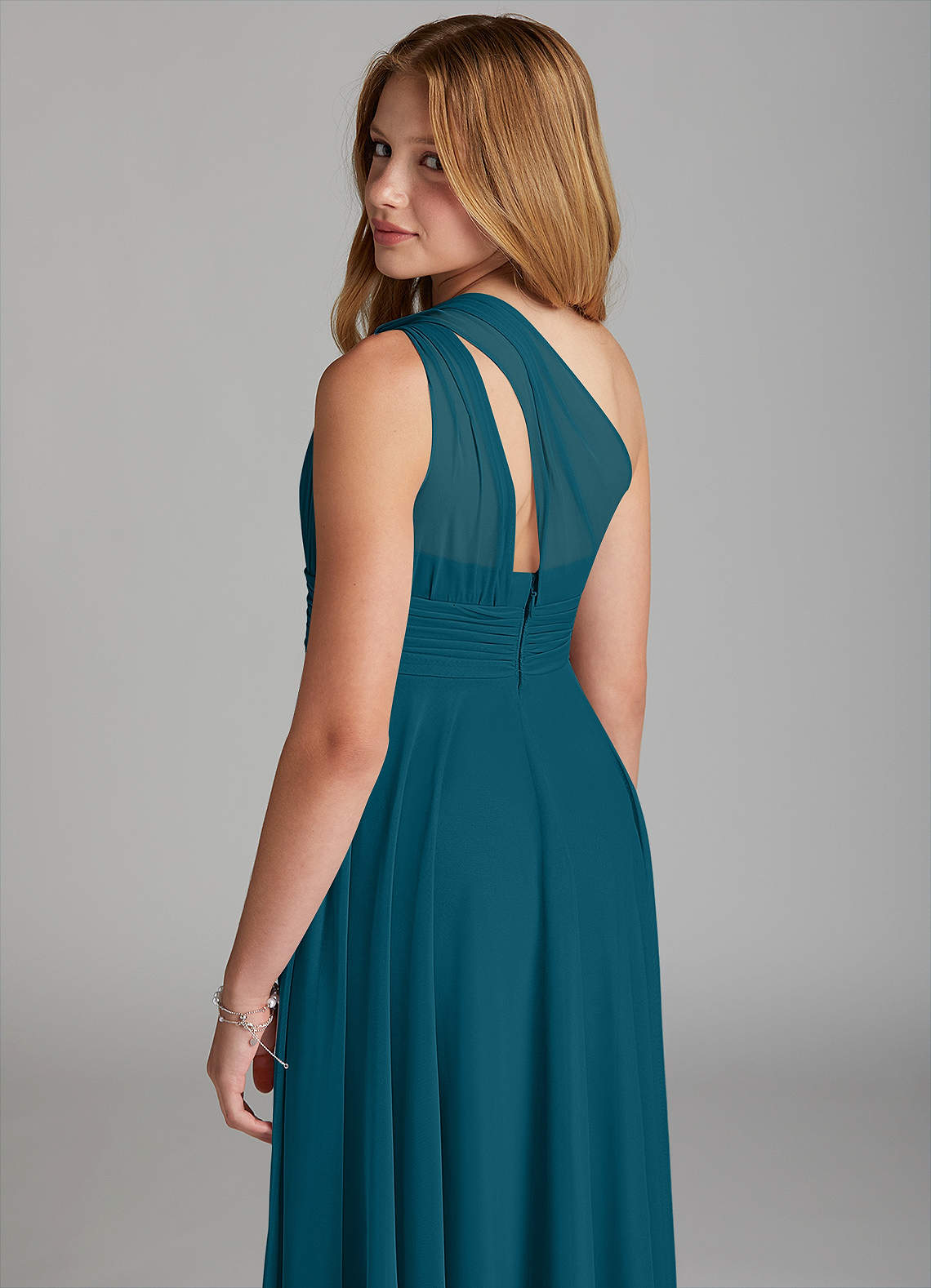 Azazie Charlize Junior Ink Blue A-Line Mesh Dress image4