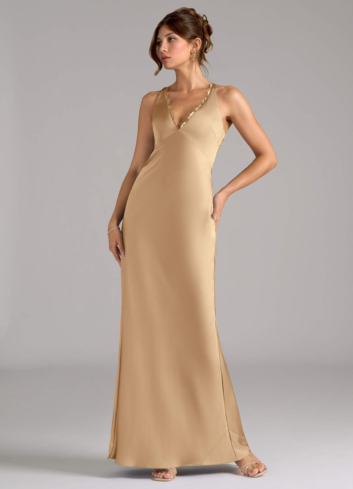 Azazie Tianna Bridesmaid Dresses Champagne A-Line Stretch Satin Dress image1