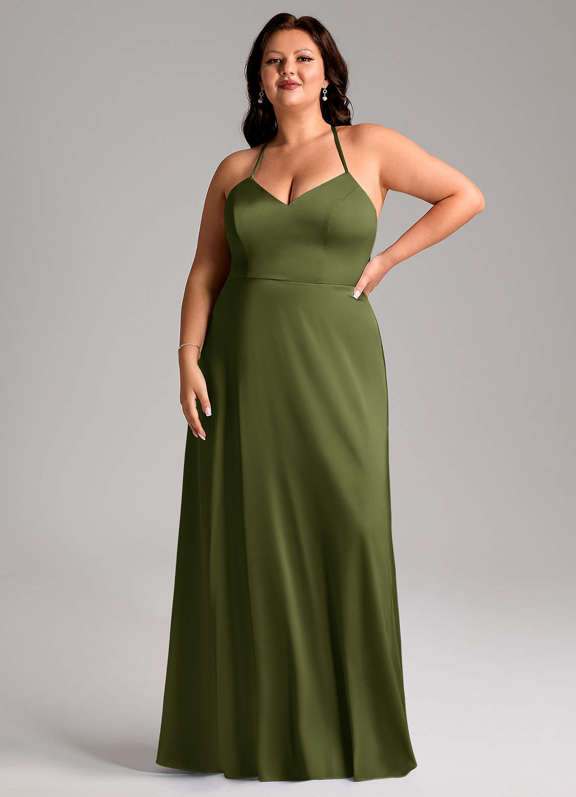 Azazie Mei Robes de demoiselle d'honneur Robe Trapèze en Satin extensible Col en V Olive image1