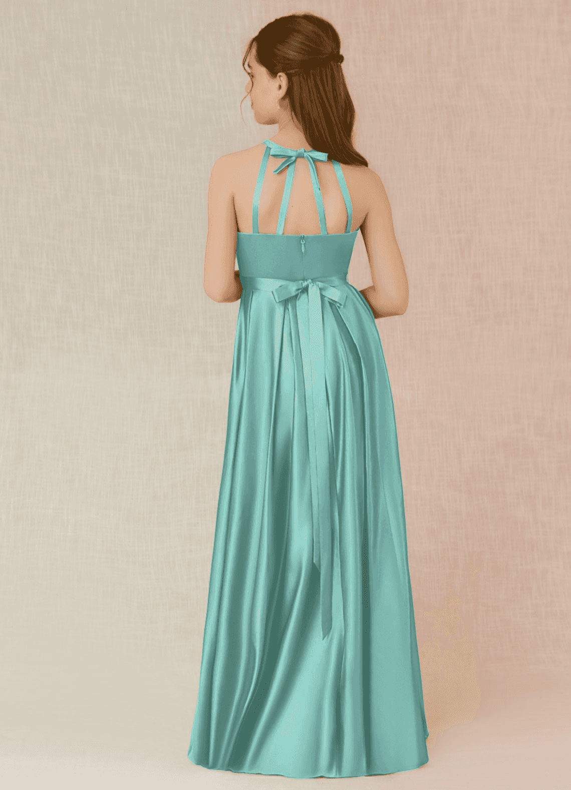 Azazie Arianthe Junior Vestido de Aqua de Satén Elástico de Corte En A con Con bolsillos image1