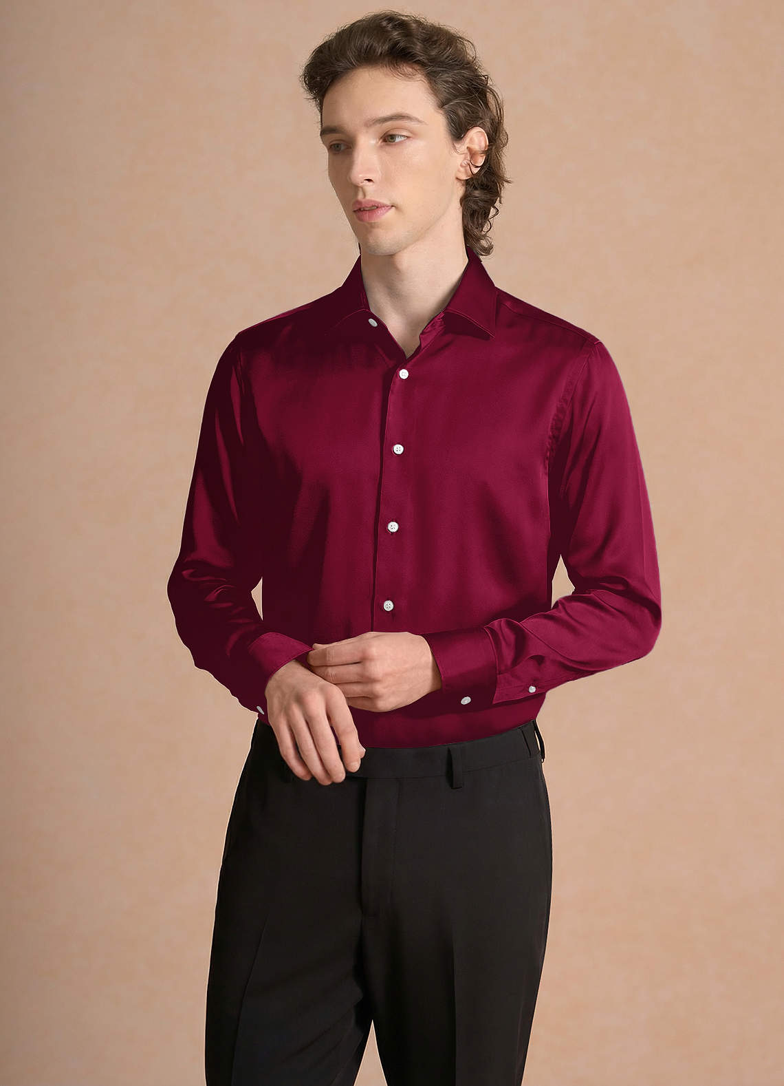 front Julian Burgundy Stretch Satin Dress Shirt