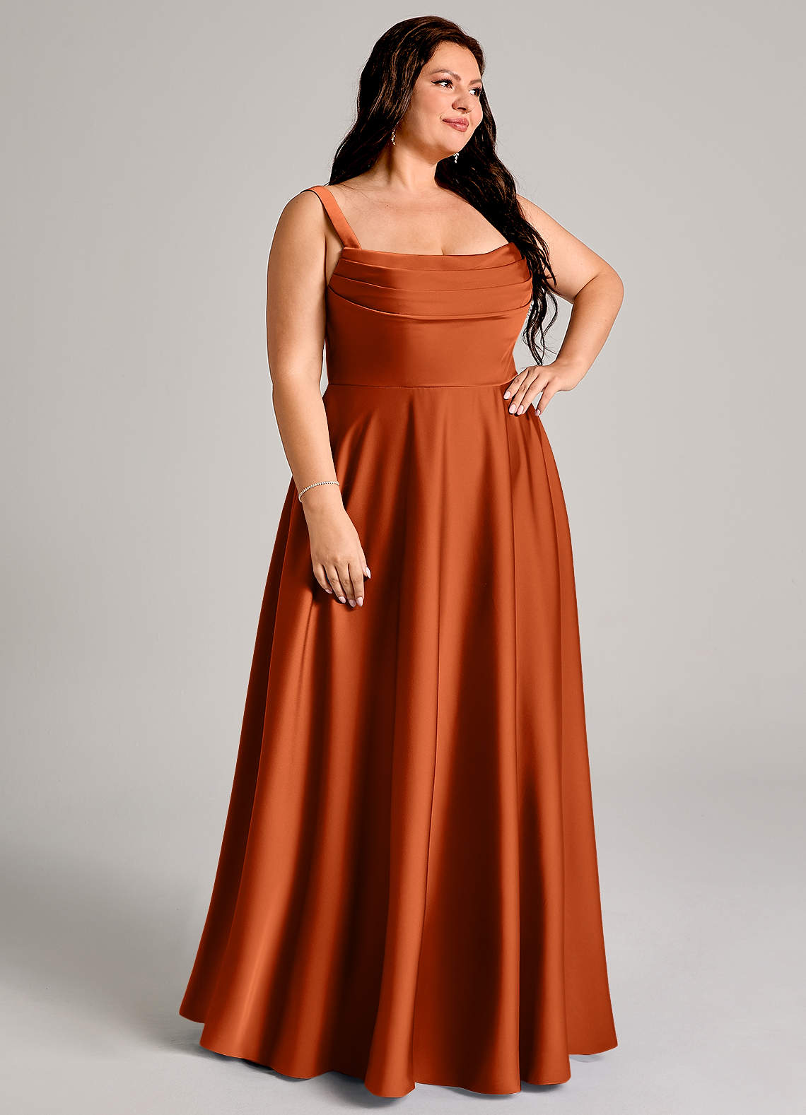 Azazie Shaude Bridesmaid Dresses Burnt Orange A-Line Pleated Stretch Satin Dress image9