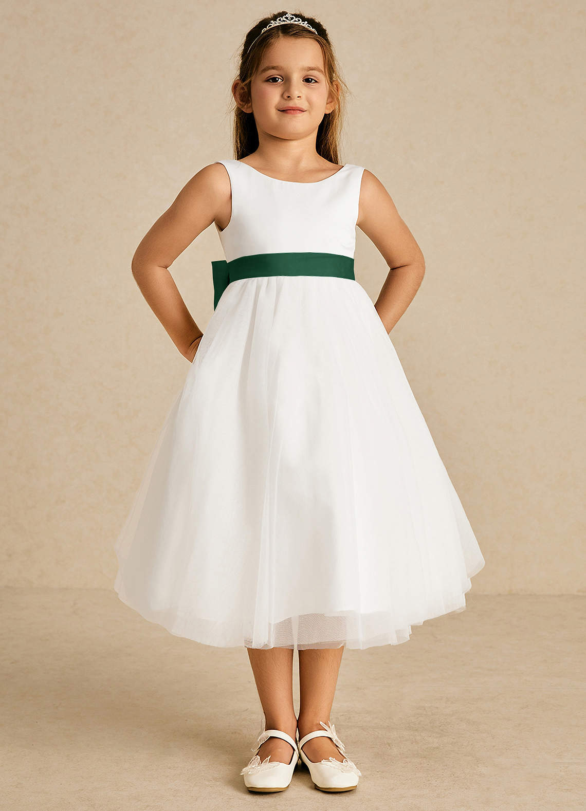 Azazie Kavi Flower Girl Dresses Ivory Dark Green A-Line Bow Matte Satin Dress image1