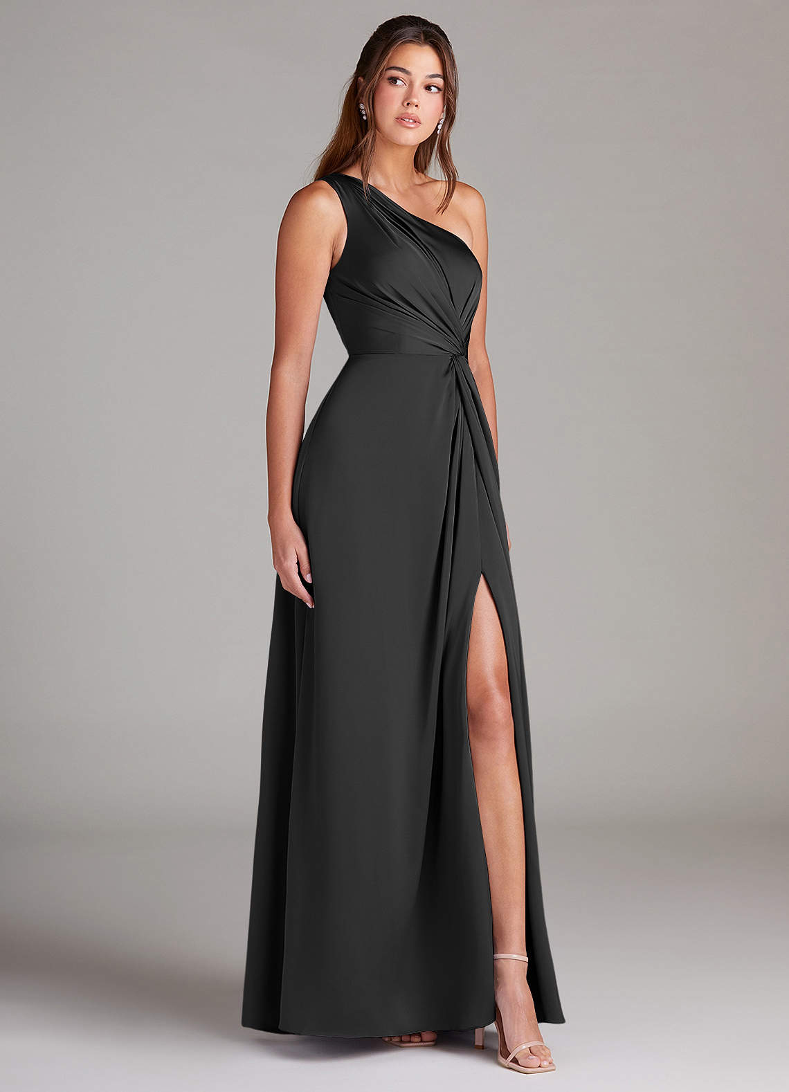 Azazie Brooke Bridesmaid Dresses Black A-Line One Shoulder Stretch Satin Dress image3