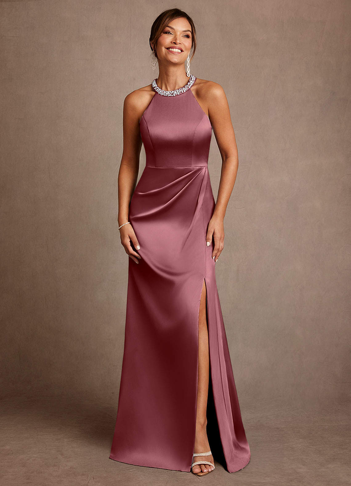 Azazie Lawrence Mother of the Bride Dresses Desert Rose A-Line Pleated Stretch Satin Dress image1