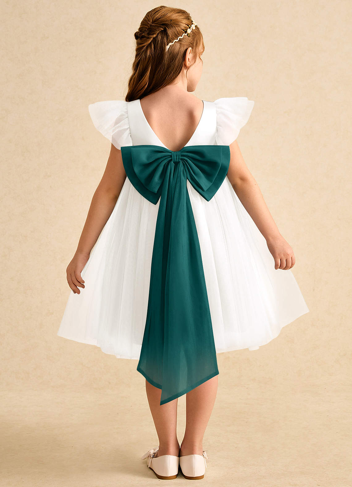 Azazie Munchkin Flower Girl Dresses Ivory Peacock A-Line Bow Tulle Dress image1