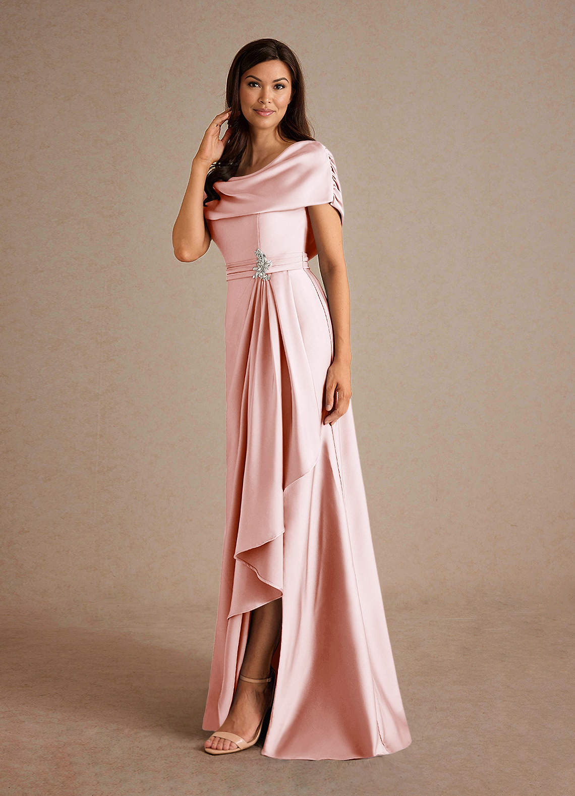 Azazie Branford Mother of the Bride Dresses Blushing Pink A-Line Pleated Stretch Satin Dress image1