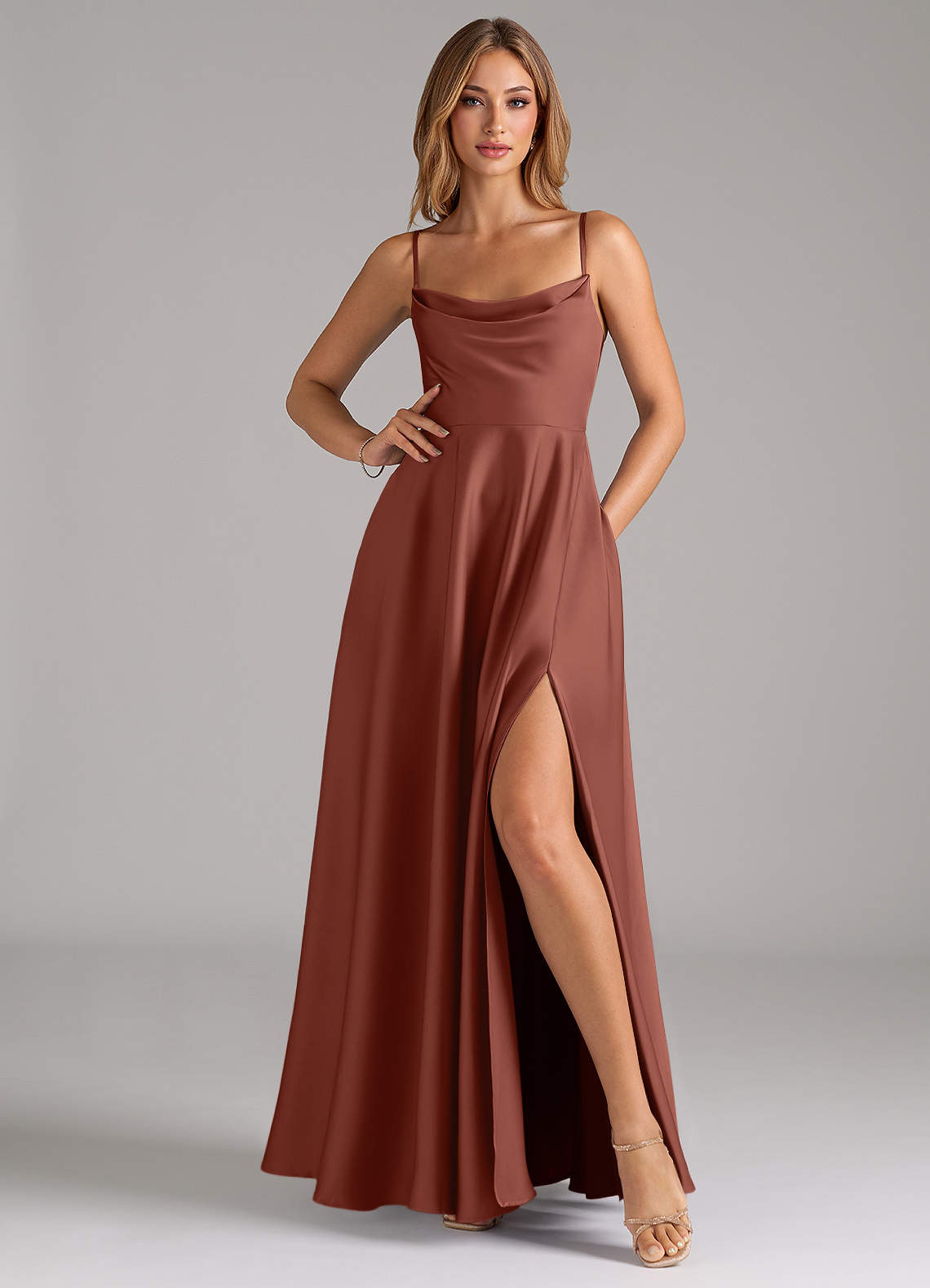 Azazie Elle Bridesmaid Dresses Auburn A-Line Pleated Stretch Satin Dress image2