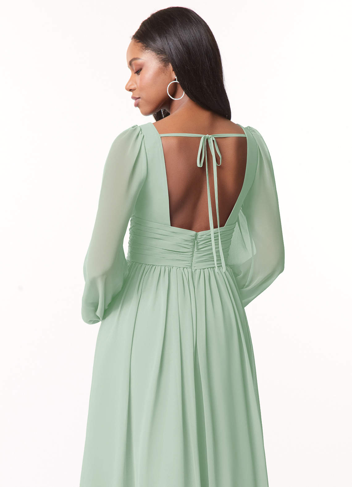 Azazie Norah Bridesmaid Dresses Agave A-Line V-Neck Long Sleeve Chiffon Dress image2