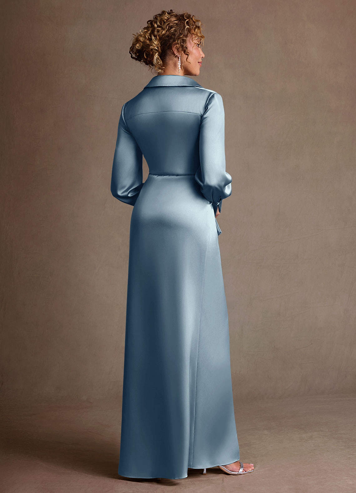Azazie Jacinta Dusty Blue Sheath Pleated Stretch Satin Dress Ready