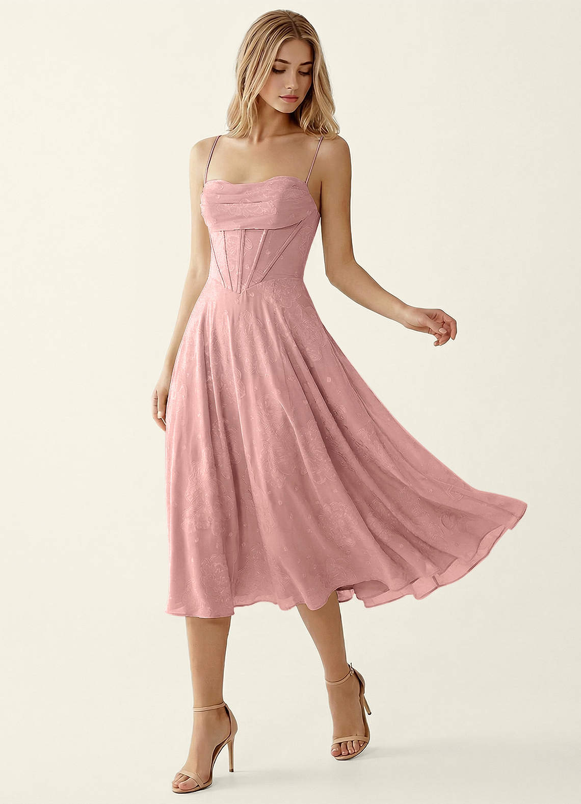 Verena Powder Pink Jacquard Midi A-line Graduation Dress