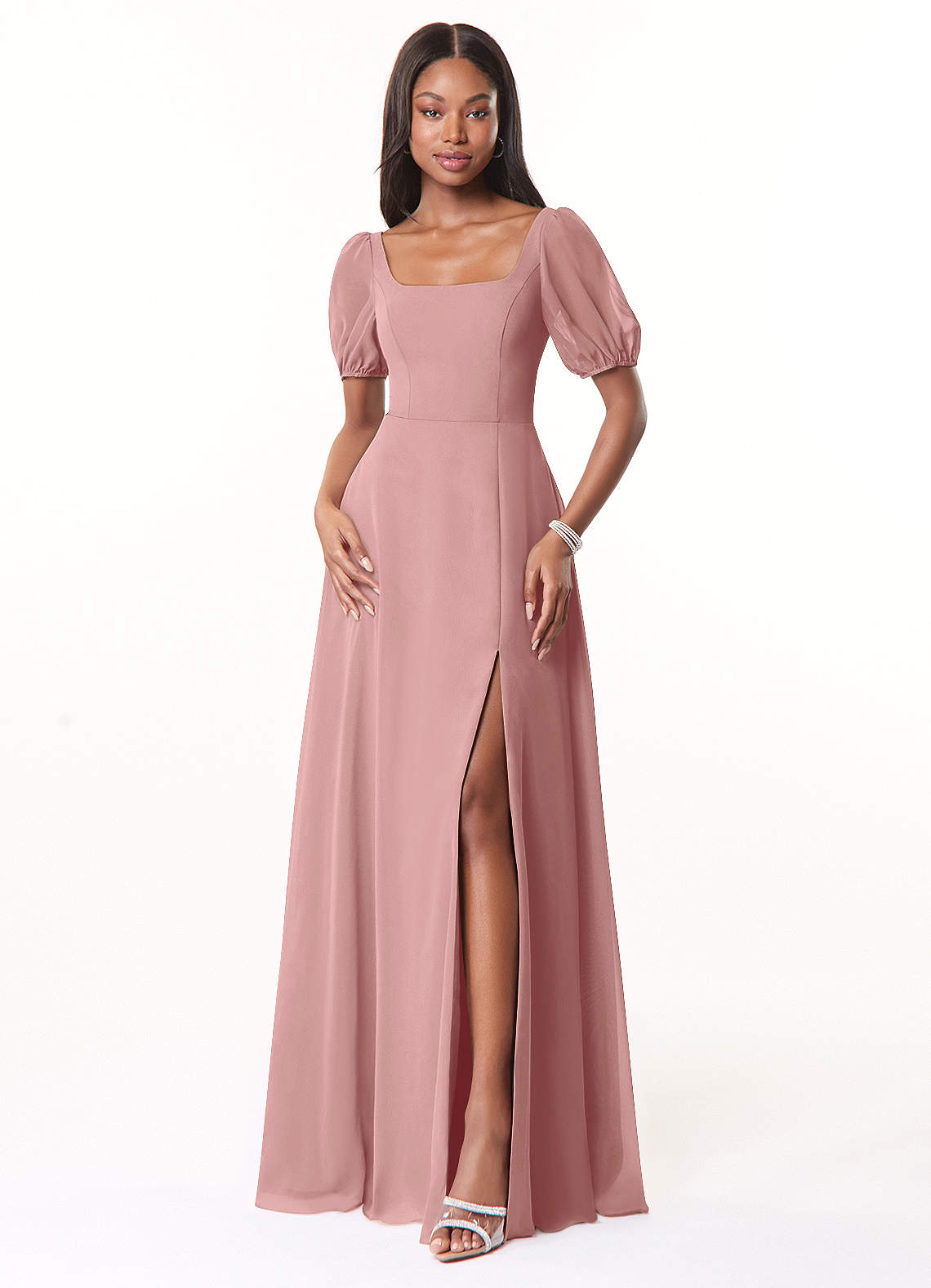 Azazie Alani Bridesmaid Dresses Dusty Rose A-Line Square Neckline Chiffon Dress image1