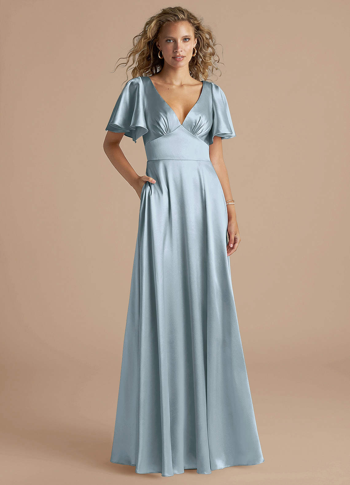 Azazie Kimber Bridesmaid Dresses Dusty Blue A-Line Ruched Metallic Satin Dress image1