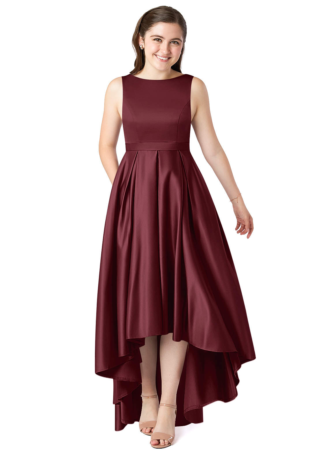 Azazie Inaya Junior Cabernet A-Line with Belt Stretch Satin Dress image1