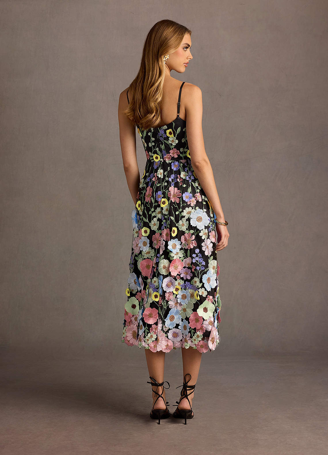 Azazie Midi Dresses A-Line Wedding Guest Semi-Formal Dresses Straight 3D Flowers Embroidery Black and Multi