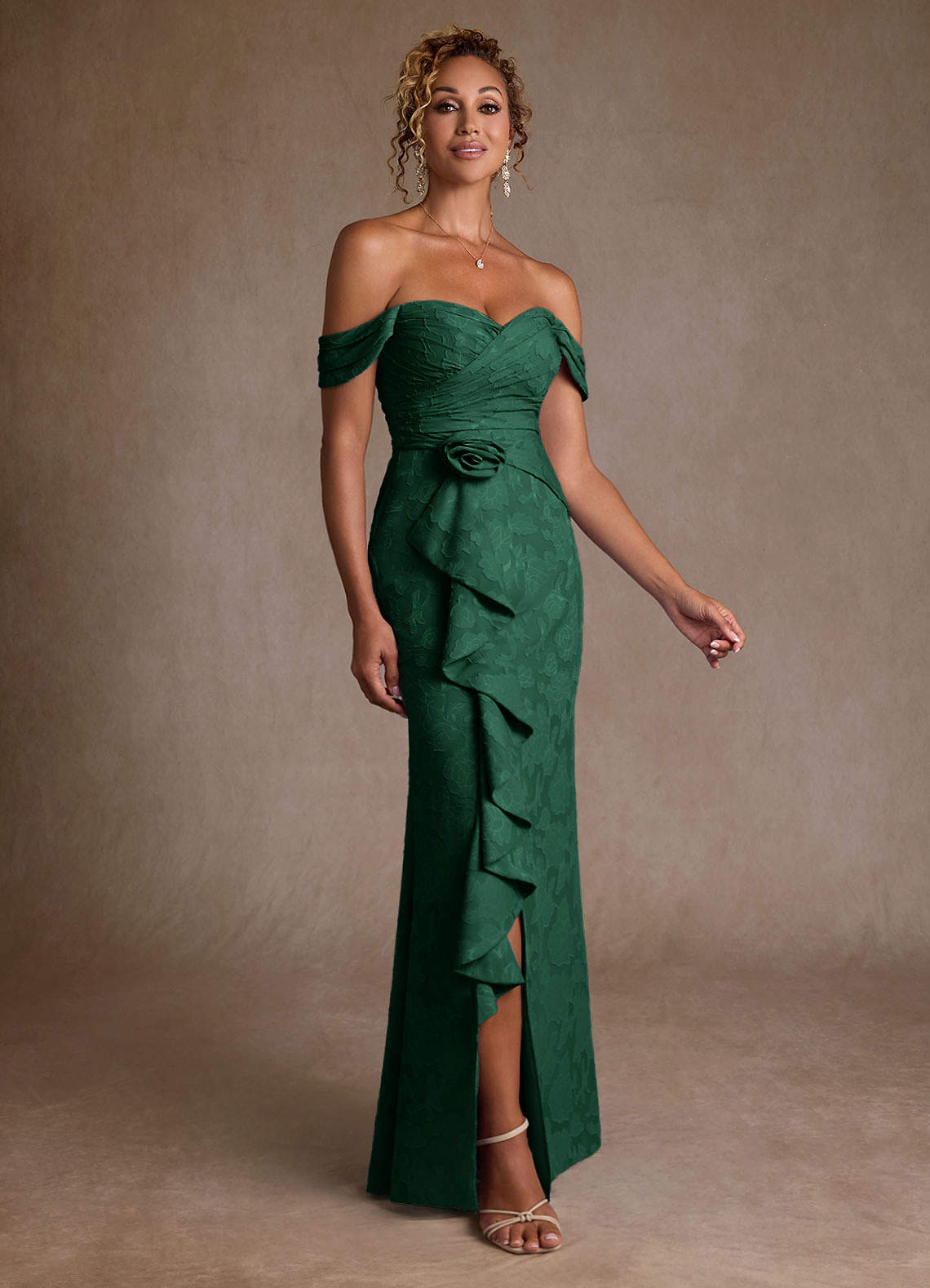 Azazie Irene Dark Green A-Line Off the Shoulder Floral Burnout Dress |  Azazie UK