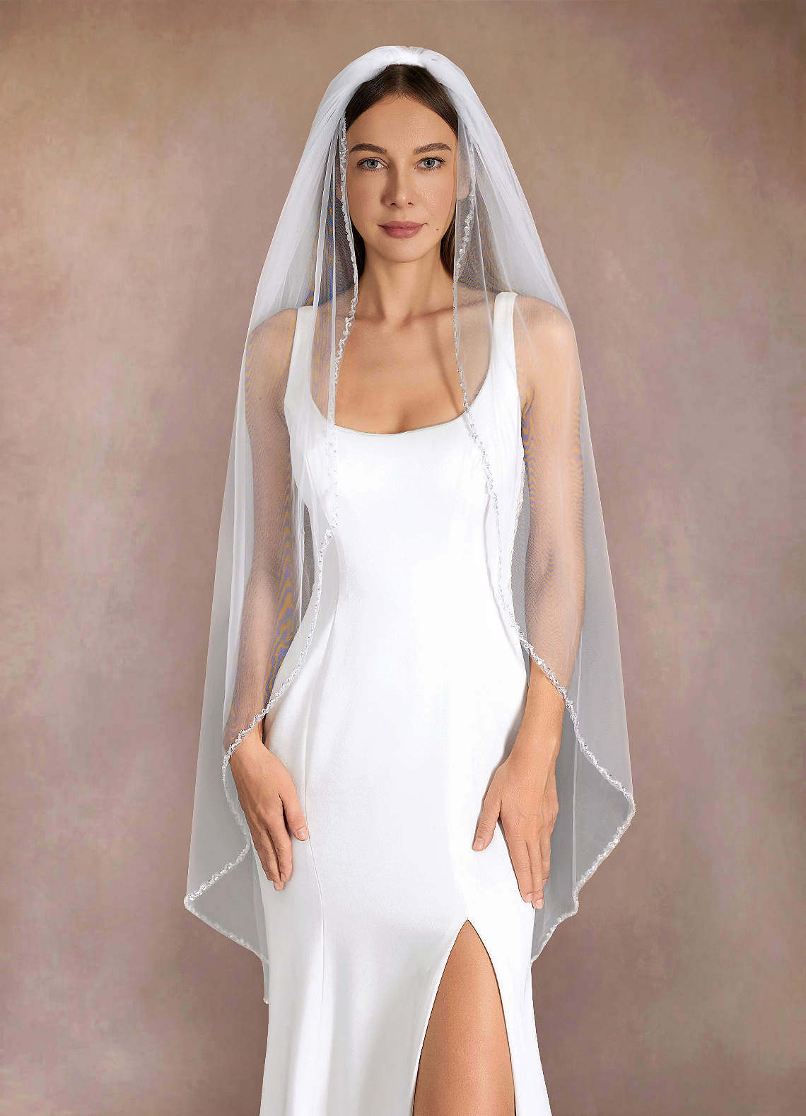 front Sheena Beads Waltz Length Veil