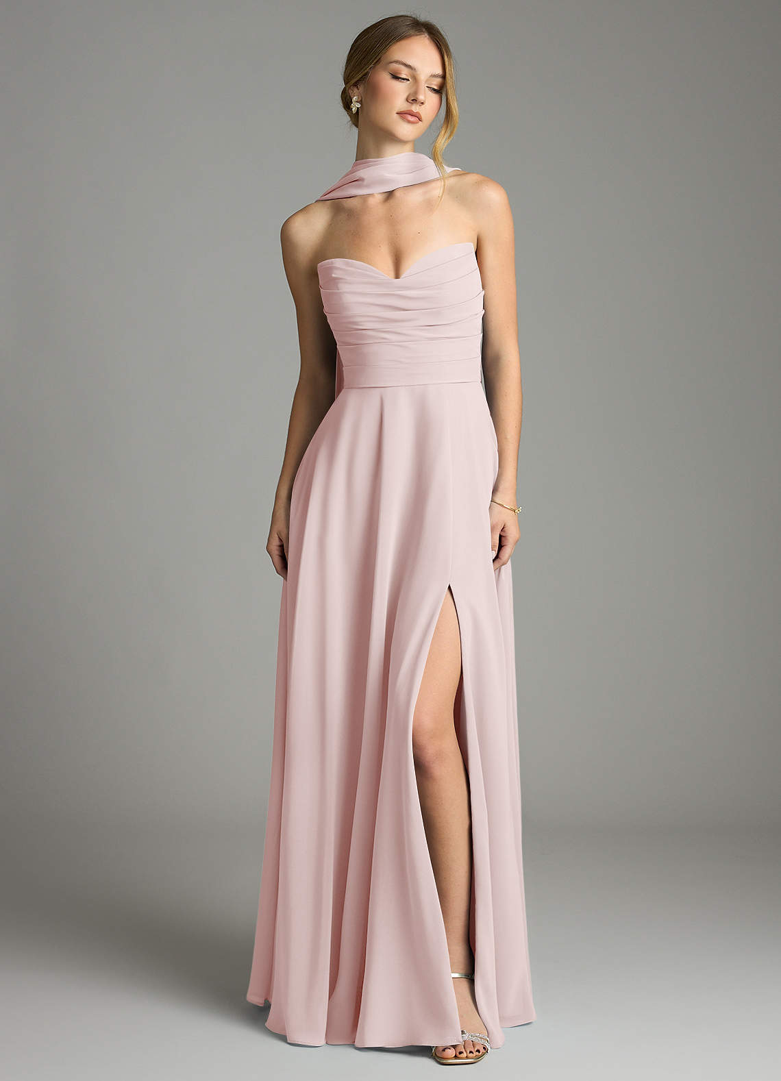 ice pink bridesmaid dresses Azazie Ayla Blushing Chiffon Bl-nk 100% Cotton Cutwork Size:US 10P UNDER 200 Match bridesmaid line silhouette drapes gracefully