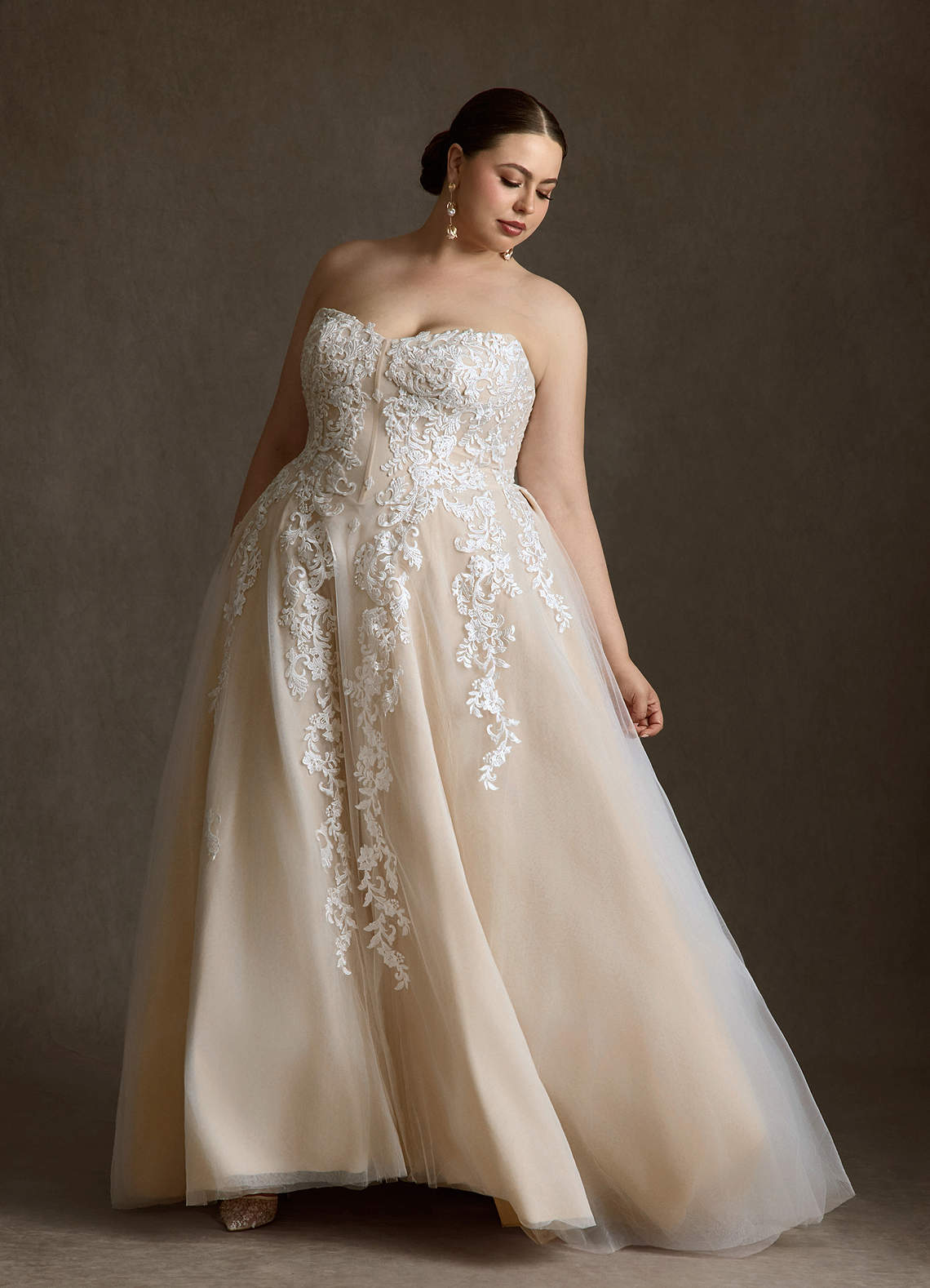 Azazie Sonnet Wedding Dresses Diamond White Champagne Ball-Gown Strapless Lace Dress image1