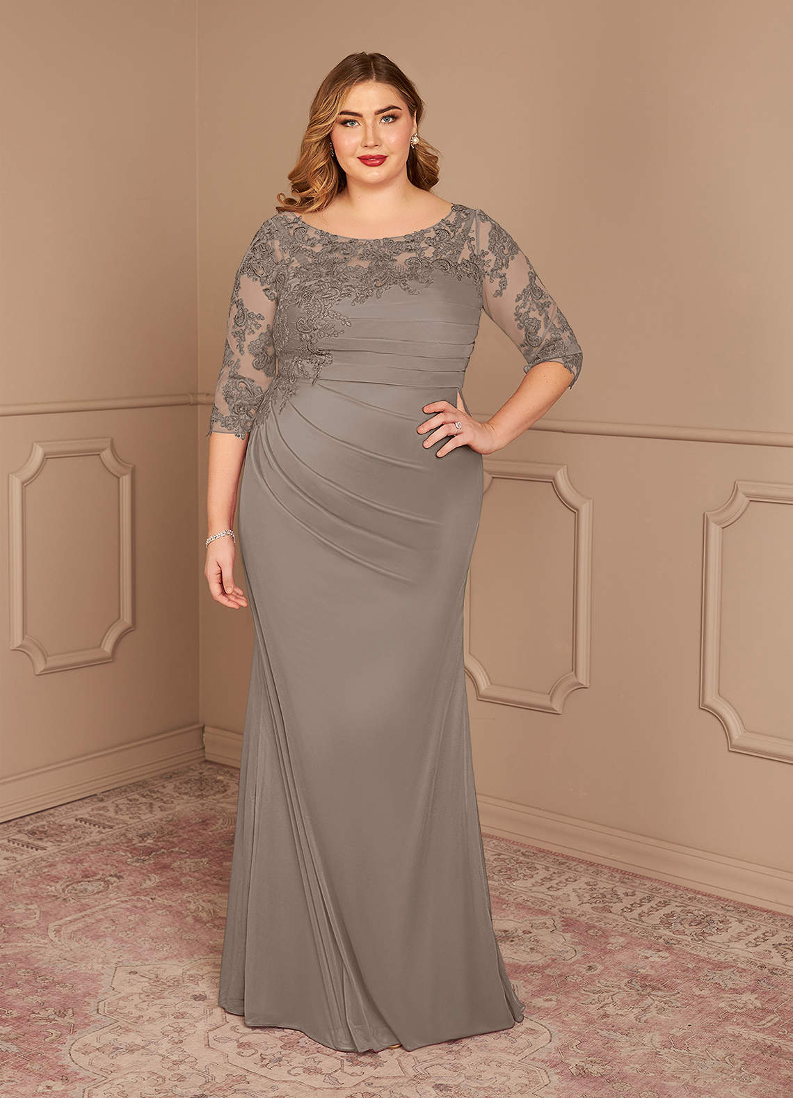 Azazie Alisondra Mother of the Bride Dresses Taupe Sheath Scoop Lace Lace Dress image1